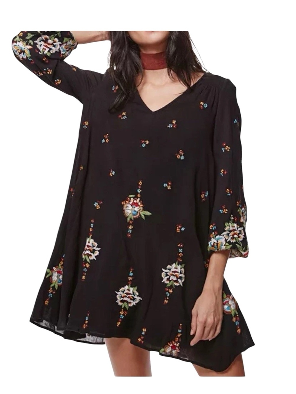 Free People Sm Oxford Embroidered Mini Swing Dress Black V‑Neck Long Sleeve Boho